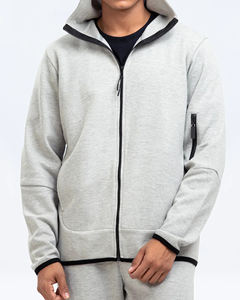 ชุดวอร์มผ้าฝ้ายคุณภาพสูงของผู้ชาย100% มีฮู้ดผ้าเฟรนช์สีล้วนมีซิปและกางเกงขายาวพิมพ์โลโก้ได้ตามต้องการ - Product Image 4