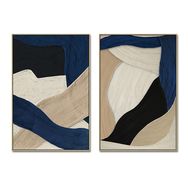 Roya Art Handmade Abstract Dark Blue Beige Minimalist 3D Textured Art Original Acrylic Painting Canvas Large Indoor Wall Decor
