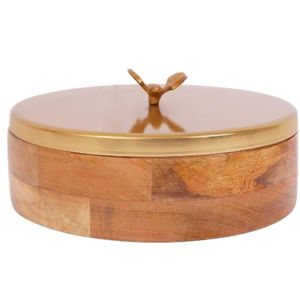 Boîte à roti en bois de manguier de haute qualité avec couvercle en métal finition or et bouton décoratif en forme d'oiseau, casserole en bois écologique pour chapati - Product Image 1