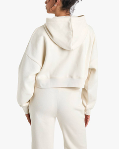 Sweat à capuche court beige uni de qualité supérieure pour femmes, en polyester et coton écologiques, streetwear, fermeture éclair intégrale, vente en gros directe - Product Image 2