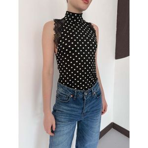 เสื้อแขนกุดคอเต่าลายจุดพร้อมรายละเอียดลูกไม้ - [object Object] - Product Image 4