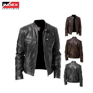 Chaqueta de Motociclista de Cuero Genuino para Hombre INDEX, Cuello Alto, Cierre de Cremallera, Corte Ajustado, para Otoño, en Colores Negro y Marrón - Product Image 1