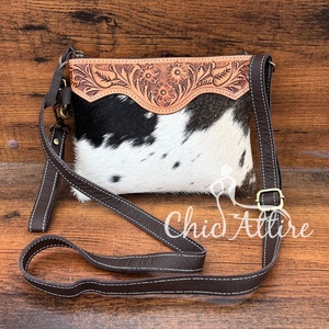 Nuevo bolso cruzado pequeño de cuero con pelo en cuero, bolso de mano de cuero genuino marrón occidental para mujer, bolsos de cuero de vaca - Product Image 1