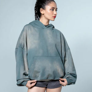 Sweat-shirt d'hiver pour femme à épaules tombantes, coupe décontractée, bleu, anti-froissement, respirant, délavé à l'acide, style streetwear, 100% coton, vente chaude - Product Image 5