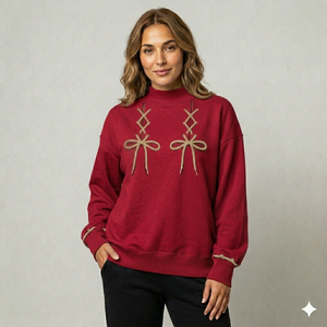 Women's Red Oversized Mock Neck Double Lace Up Bow Sweatshirt <b>Drop</b> Shoulder Long Sleeve Casual Fleece Pullover Loose Fit - Product Image 1
