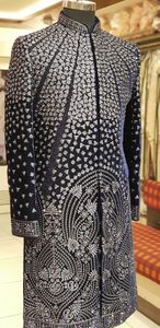 STYLISH HEAVY EMBROIDERY on STUNNING BLACK GROOM SHERWANI and <b>PANT</b> WITH EMBELLISHED CRYSTAL GLASS BEADS,RESHAM,DABKA WORK=2024 - Product Image 2