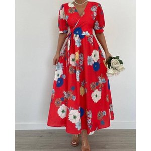 Robe longue Supreme à manches courtes pour femme, col enroulé, motif à nouer sur le côté, 36326 - Rouge - Product Image 1