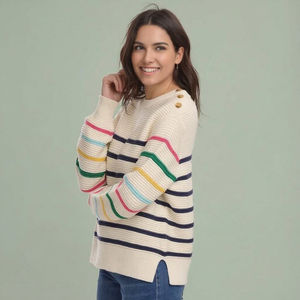 2025 décontracté femmes Jacquard tricot pull à col rond avec bas rayé épaule gauche bouton Position - Product Image 1