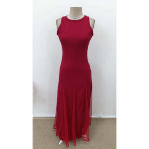 Robe longue sans manches à col rond pour femme, en tissu naturel uni, coupe trompette avec ourlet évasé asymétrique et détail en tulle 33175 - Product Image 6