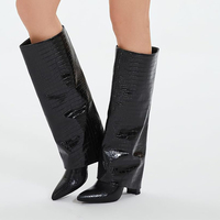 Bottes Montantes à Plateforme et Talon Épais, Bout Carré, Enfilables, Cuissardes Plissées avec Fermeture Éclair en PU pour Femmes