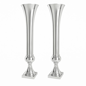 Elegante Florero de Trompeta de Metal Plateado con Acabado de Aluminio Pulido, Soporte Alto para Flores de Piso para Aniversarios, Fiestas, Eventos y Decoración del Hogar - Product Image 1