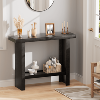 Table console moderne noire avec étagère de rangement, table de couloir étroite pour salon