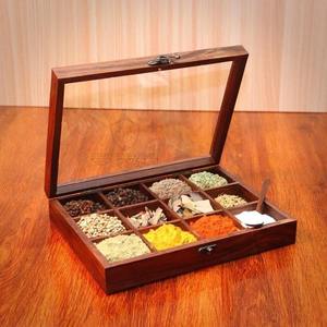 Organizador de especias de madera Sheesham Premium con 9 compartimentos Caja Masala tradicional para almacenamiento y exhibición de cocina en el hogar - Product Image 5
