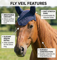 Voile anti-mouches pour cheval en crochet, certifié A+, de qualité supérieure, confortable, avec détails en sequins et bordure argentée, protège-oreilles doux, fait main, bleu marine