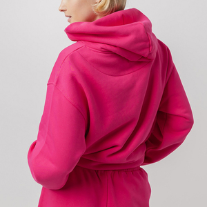 Custom Pink Women's Hoodie Long Sleeve 100% Organic Cotton Lined Eco-Friendly Fleece <b>Drop</b> Shoulder Big Pocket High Quality - Product Image 3