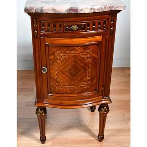 Luxurious French Style Mahogany Nightstands Pair Marble Top | Hand-Carved <b>Bedside</b> Cabinets Marquetry Single <b>Drawer</b> Bedroom - Product Image 3