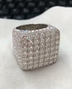 Moissanite Silver Ring Hiphop Moissanite Diamond Ring Prong Setting Round Shape MOissanite Square Diamond Bulky Ring