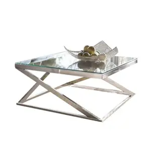 Tavolo d'angolo con piano in vetro per divano in vendita con tavolo laterale economico moderno elegante in metallo fornitore di tavolino da caffè dall'India