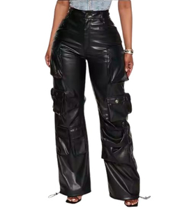 Pantalones Cargo de Cintura Alta, Transpirables, de Piel Sintética, con Bolsillos Planos, Estilo Urbano, Pierna Ancha, Casuales, Largos, para Hombre y Mujer, Lavados - Product Image 5