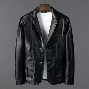 Chaquetas de cuero para hombre, abrigos de manga larga ajustados, chaqueta con cuello vuelto empalmado de un solo pecho, chaqueta Punk informal para hombre de otoño - Product Image 6
