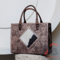 Kulit sapi asli untuk wanita, tas Tote Bohemian Buckstitch kulit sapi, dompet ukiran tangan gaya Barat