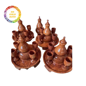 Service à thé en bois de coco naturel, service à thé vintage en bois de coco avec plateau rond, 6 petites tasses, vaisselle à thé sculptée à la main - Product Image 1