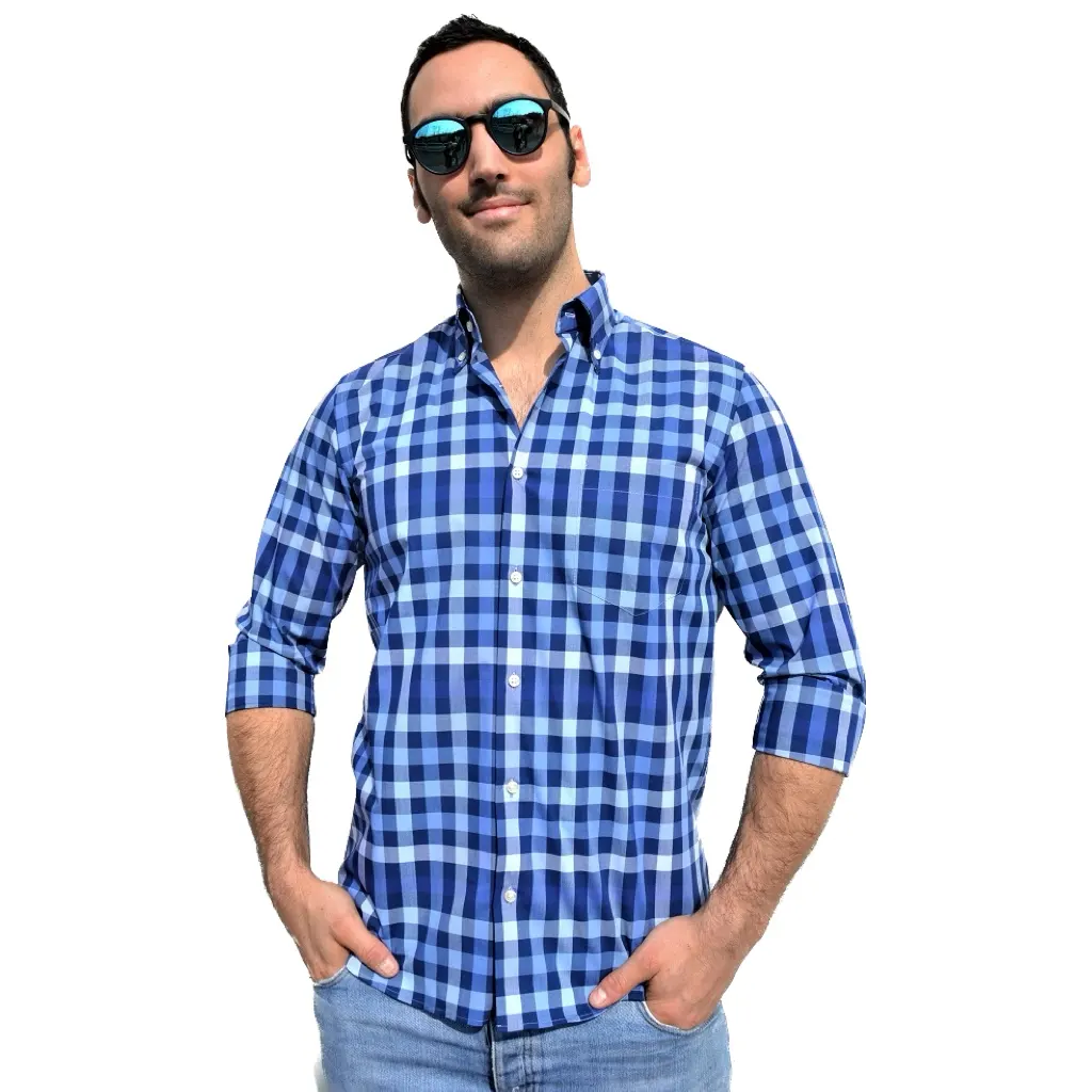 Men shirt in 100% high quality cotton blue, sky blue, white and light blue check following the Made in Italy tradition export