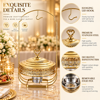 Plat de service professionnel en acier inoxydable doré de 8 L avec couvercle en dentelle orné de strass pour buffets, hôtels, mariages et traiteurs