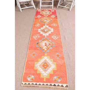 Tapis Kilim turc 2,4x9,2 pieds, tapis oriental vintage en laine orange gris - Product Image 1