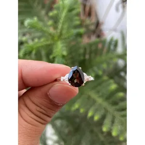 Bague de fiançailles en argent 925 avec quartz fumé, améthyste, pierre naturelle taille poire, motif géométrique, plaqué rhodium, technologie d'incrustation - Product Image 1