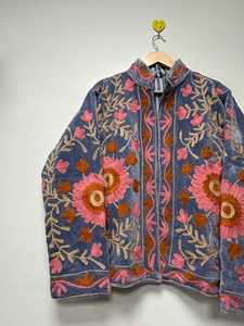 Floral Embroidered Velvet Suzani Jacket Handmade Indian Style Coat Velvet Suzani Jacket Boho Floral <b>Duster</b> Coat - Product Image 3