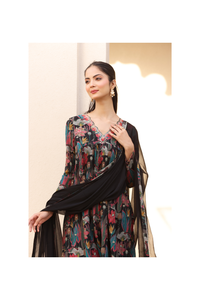 Conjunto Anarkali con estampado floral negro Heer pesado tradicional con Dupatta y pantalón para mujer para ropa informal de fiesta o festivales - Product Image 3