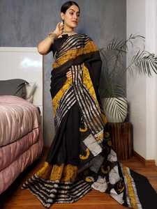 Op Zwarte Basis Stof & Witte Print, Handblok Bagru Bedrukt Zacht Malmal Katoen Sari Met Blouse Ideaal Voor Wederverkoop - Product Image 2