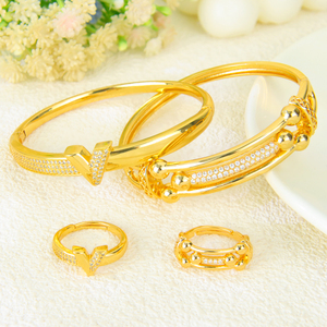 Parure de bijoux de mariage tendance motif flèche, plaqué or 21 carats, avec bracelet et bague en zircon de Dubaï pour femme, idéale pour les fêtes - Product Image 4
