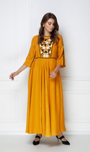 Robe longue Vintage brodée à manches trois-quarts, col en v, longueur au sol, mode accrocheuse - Product Image 2