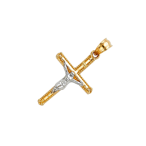 Colgante de cruz cristiana Chapado en dos tonos de oro amarillo de 14K de tendencia vintage Accesorio clásico religioso para niños - Product Image 2