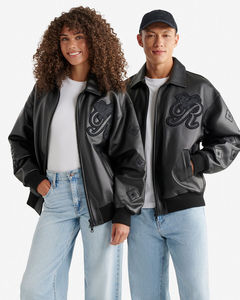 Vestes universitaires en cuir de vachette noir intégral à fermeture éclair, vestes de baseball avec patchs en gros, unisexe - Product Image 2