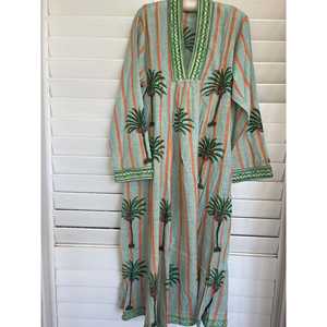 Caftán marroquí de playa estilo atardecer, elegante pareo de baño para mujer, manga larga, cuello en V, algodón Khadi con ribete en contraste - Product Image 1