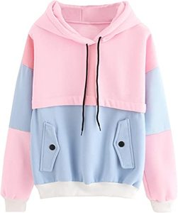 <b>Womens</b> <b>Fleece</b> Hoodies Colorblock Pattern Two Front Pockets with Buttons - Product Image 1