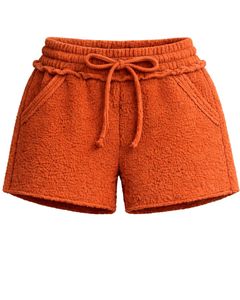 Pantalones Cortos de Sherpa Color Naranja Óxido para Mujer, Cómodos, Suaves, de Felpa, para Estar en Casa, Cintura Elástica con Cordón, Casuales, para Invierno - Product Image 1