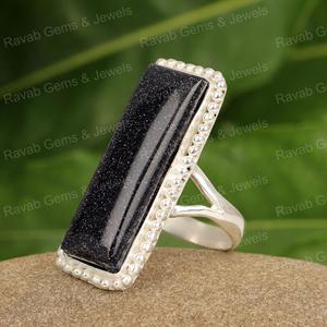 Anillo de cóctel de piedra solar azul de 10x20mm hecho a mano, Plata de Ley 925 sólida, forma rectangular, excelente calidad para mujeres, suministro al por mayor - Product Image 3