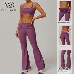 Custom Logo Yoga Set Foldover Waist <strong>Flare</strong> <strong>Leggings</strong> Strappy Back Naked Feeling 2 Piece Gym Workout Outfits - Product Image 2