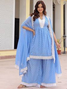 Mujeres étnicas geométricas impresas puro algodón A-Line Kurta con Palazzos & Dupatta indio pakistaní salwaar kameez - Product Image 3