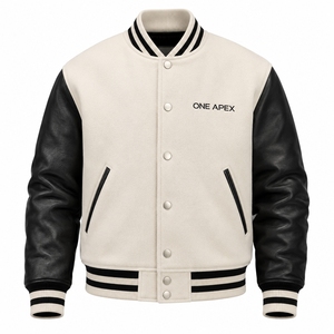 Blouson universitaire premium en cuir noir crème avec corps en laine, style bomber, streetwear, logo personnalisé, OEM, ODM, vente en gros, USA - Product Image 1