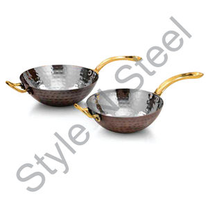 Batterie de cuisine en gros-poêle wok frite en acier inoxydable martelé manche en laiton doré couleur marron ombre dorée - Product Image 1