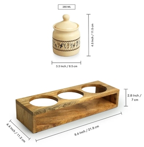 Art Of Warli Multi-Purpose Ceramic Pickle & <b>Chutney</b> <b>Jar</b> Set With Wooden Holder Non Air-Tight Set Of 3 Ceramic Condiment Pot - Product Image 6