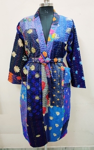 Bata de baño 100% algodón indio Patchwork hecho a mano Kantha Stitch bata de algodón Kimono bata de baño ropa de noche tamaño libre - Product Image 2