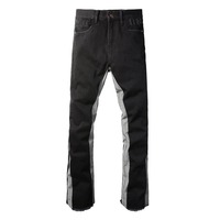 Jean en denim noir pour homme, coupe large, style streetwear, avec franges et ourlet déchiré, patchwork, extensible, évasé, délavé