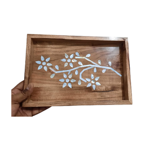 Plateau de service en bois d'acacia de style arabe artisanat de qualité avec design de vadrouille élégant incrustation de perles de mère cadeau de Ramadan Eid - Product Image 3