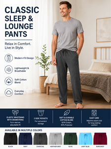 Lot de 3 pantalons de pyjama classiques pour homme – Décontractés d'été en mélange de coton doux à séchage rapide avec taille élastique et cordon de serrage, coupe décontractée - Product Image 4